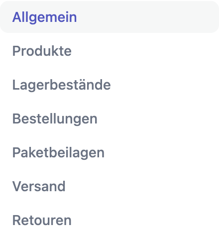 Unternavigation der Verkaufskanal-Einstellungen