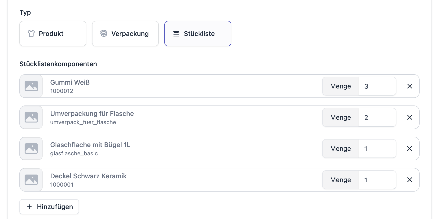 FFN Connect: Artikel-Editor mit ausgewähltem Typ „Stückliste" und der Liste der Stücklistenkomponenten
