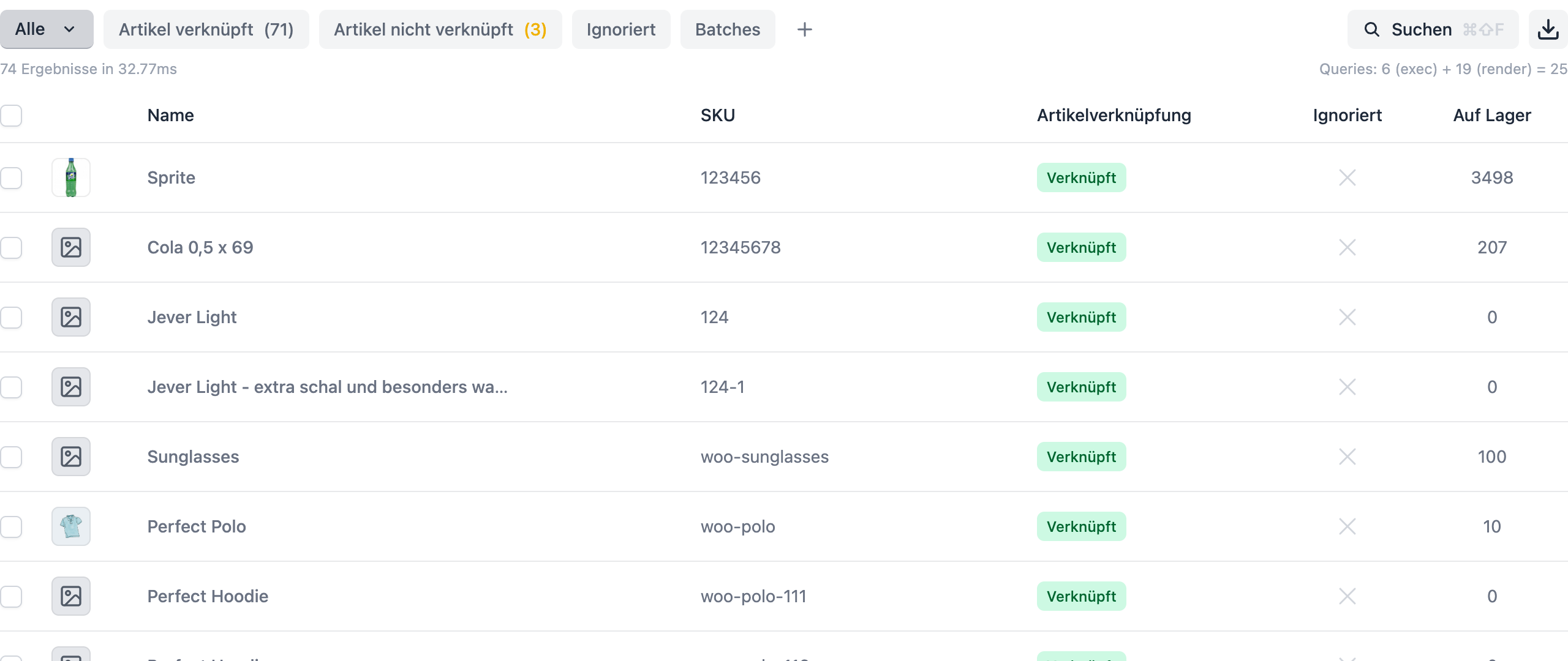 FFN Connect: Listing-Tabelle eines Verkaufskanals mit den Ansichten „Artikel verknüpft" und „Artikel nicht verknüpft"