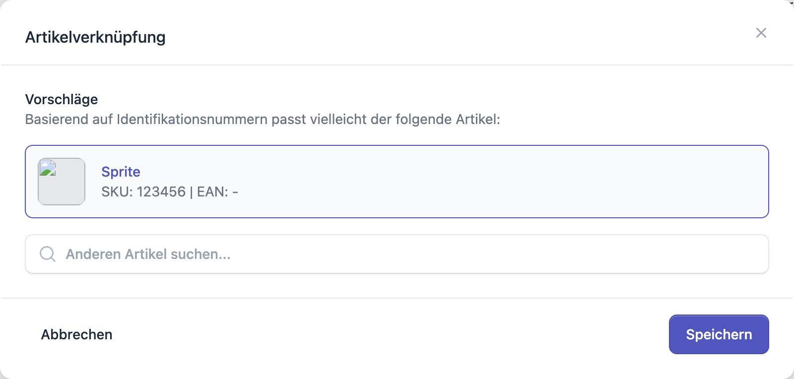 FFN Connect: Dialog „Artikelverknüpfung" mit einem Vorschlag und dem Suchfeld „Anderen Artikel suchen…"