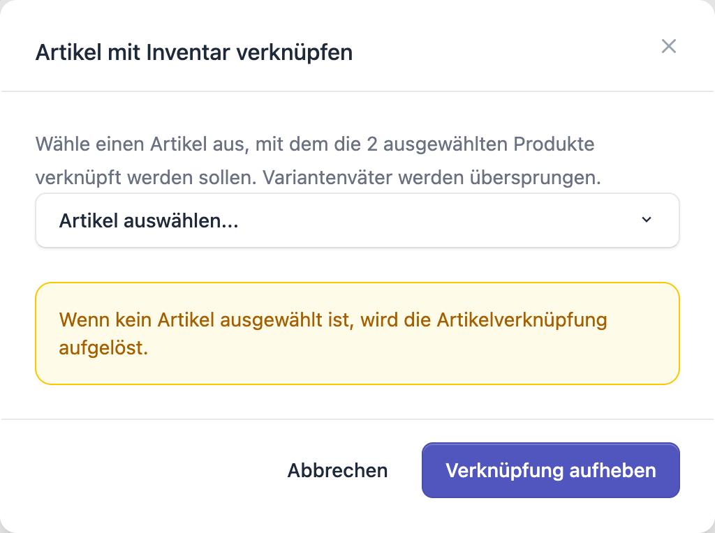 FFN Connect: Dialog „Artikel mit Inventar verknüpfen" mit Artikel-Auswahl und dem Hinweis zum Aufheben der Verknüpfung