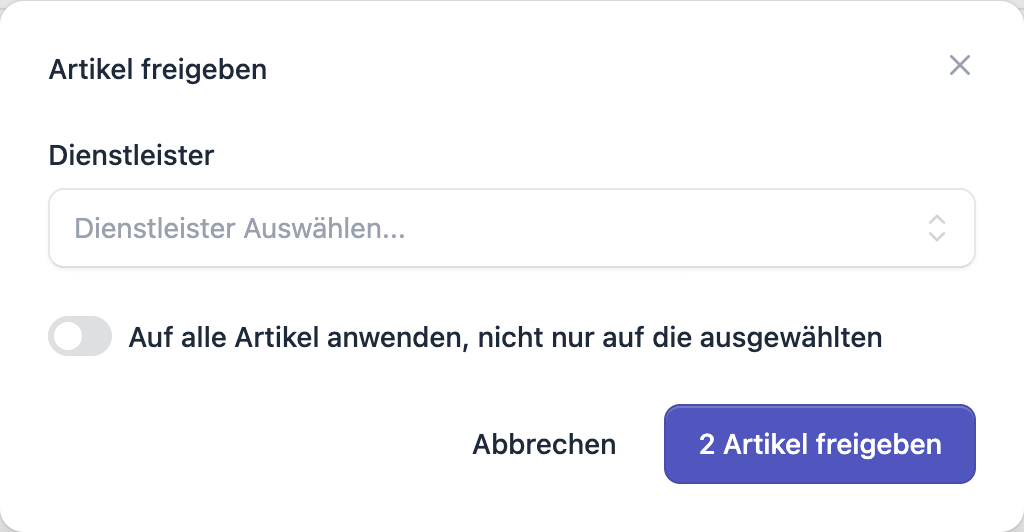 FFN Connect: Dialog „Artikel freigeben" mit Dienstleister-Auswahl und der Option „Auf alle Artikel anwenden"