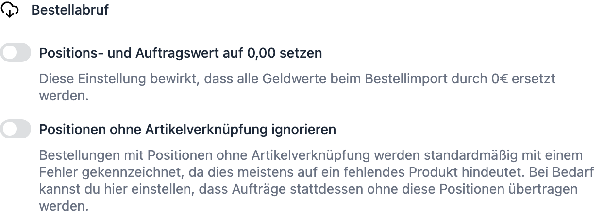 FFN Connect: Karte „Bestellabruf" mit dem Schalter „Positionen ohne Artikelverknüpfung ignorieren"