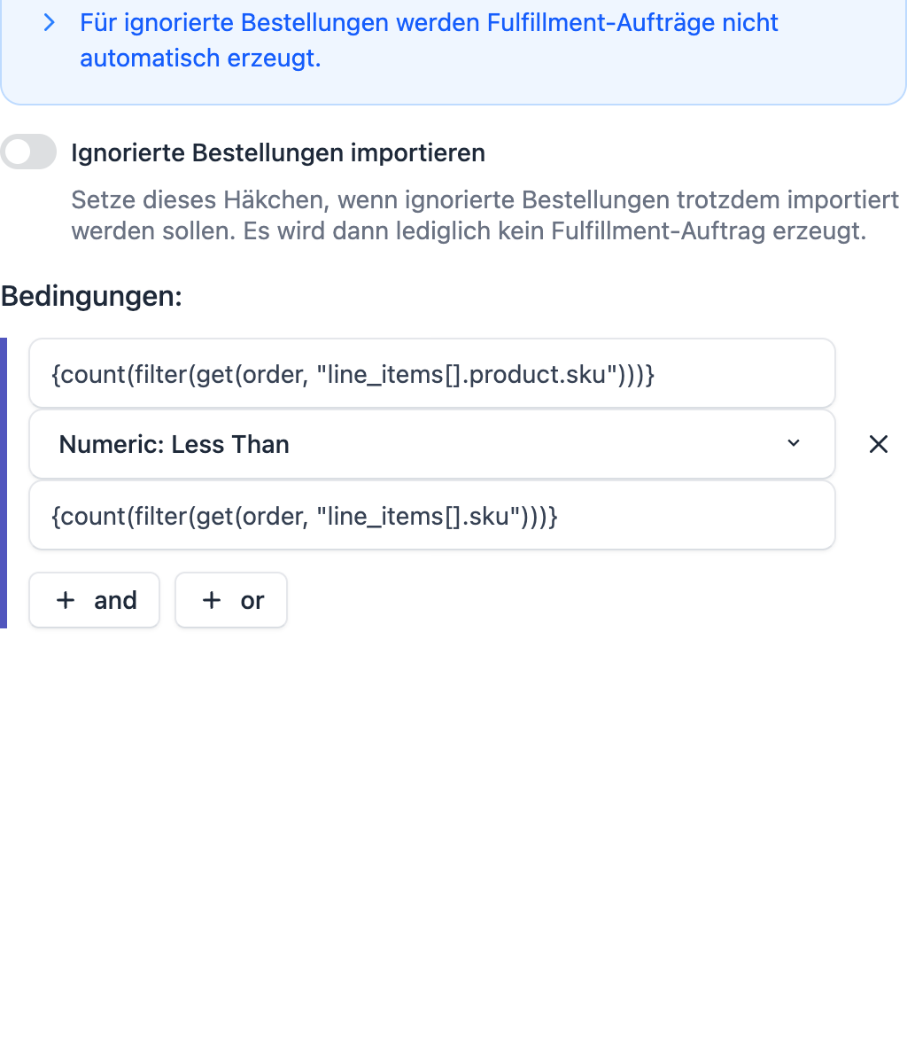 FFN Connect: Regel-Editor mit der Aktion „Bestellung ignorieren", ausgeschalteter Option „Ignorierte Bestellungen importieren" und der Bedingung für unverknüpfte Positionen