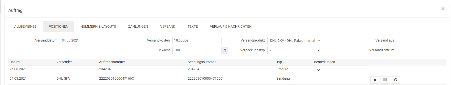Billbee: Auftrag mit Sendung und Retoure im Reiter Versand
