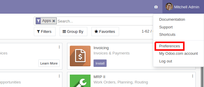 Odoo-Profilmenü oben rechts mit dem Eintrag „Preferences"