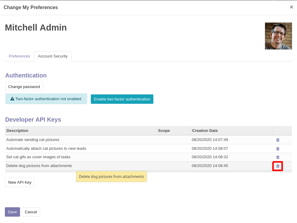 Liste der API-Schlüssel unter „Account Security" mit Lösch-Symbol