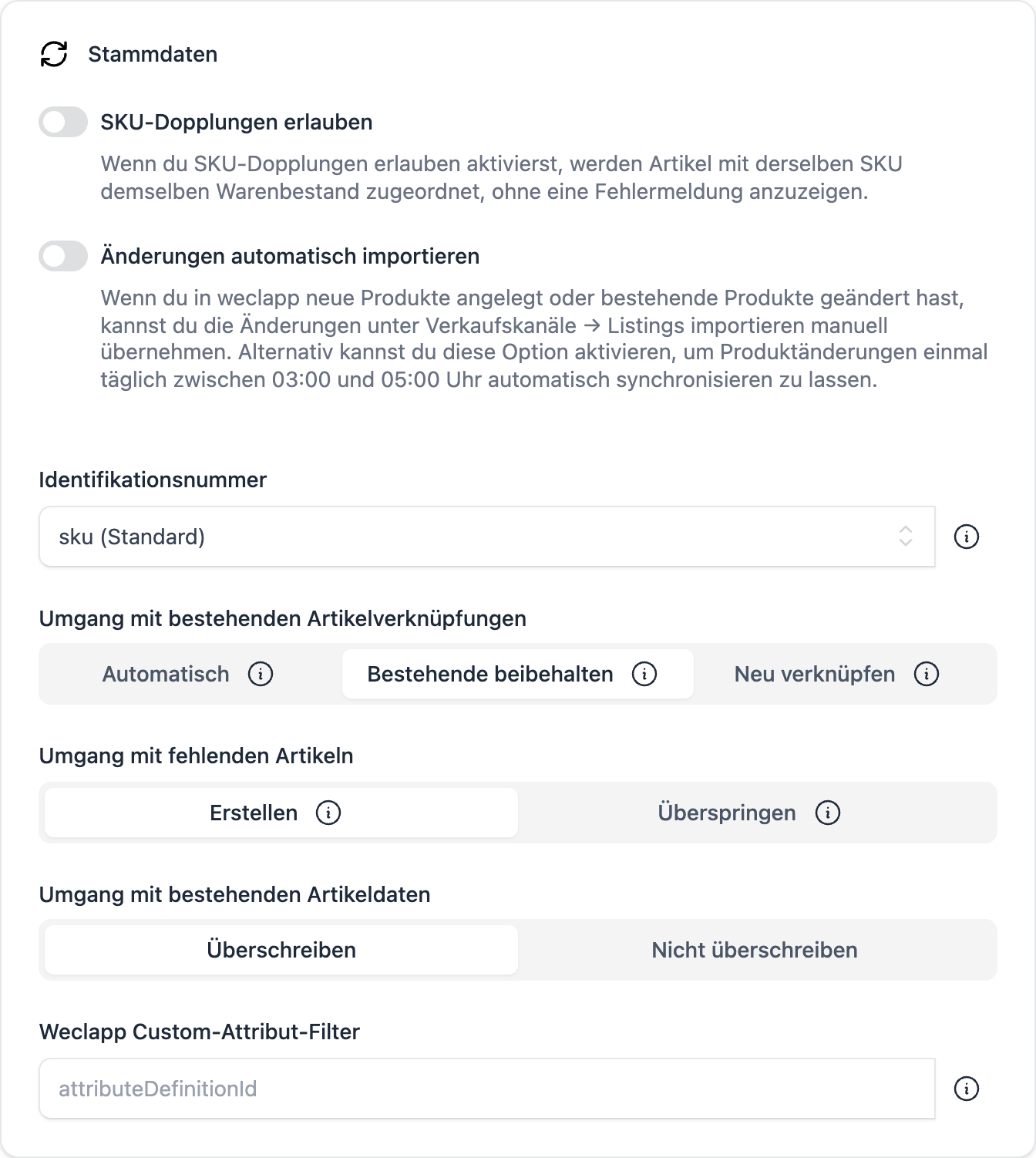 FFN Connect: Karte „Stammdaten" mit Identifikationsnummer, Verknüpfungsverhalten und weclapp Custom-Attribut-Filter
