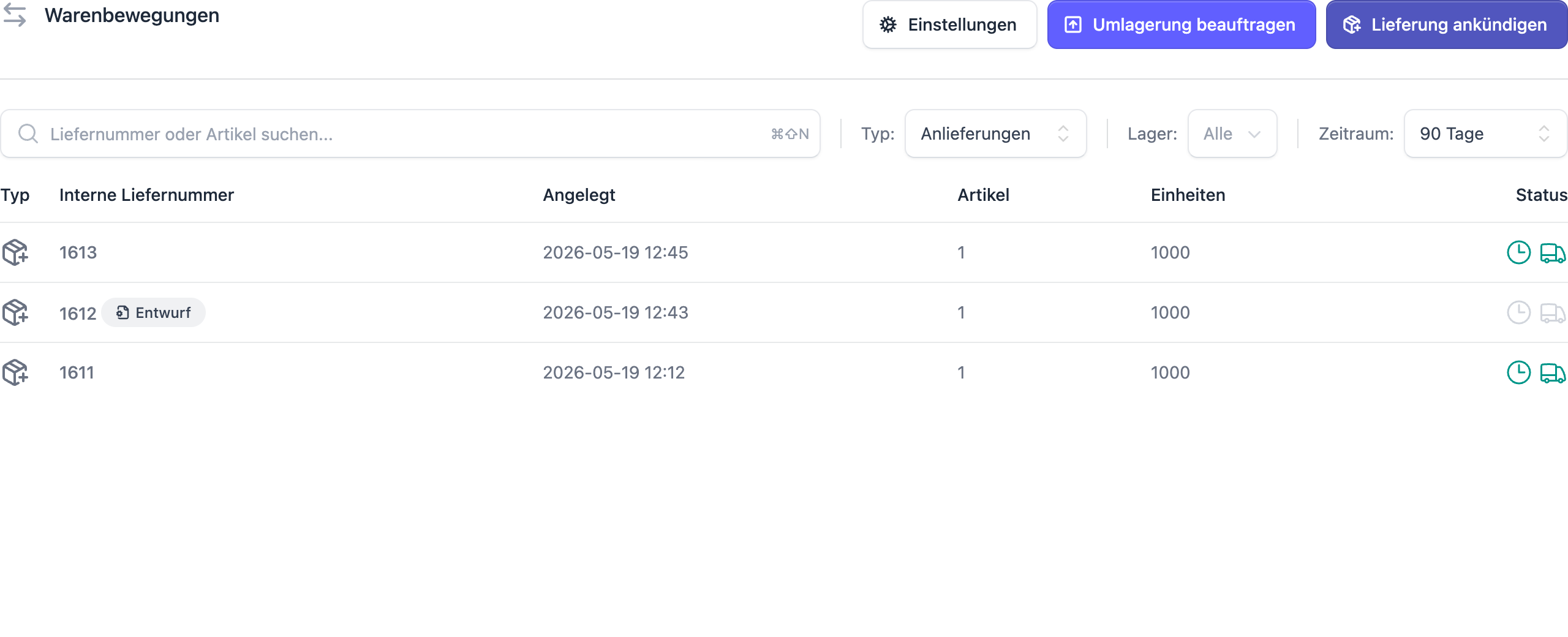 FFN Connect: Liste der Warenbewegungen mit dem Filter „Anlieferungen", Liefernummer, Anlagedatum, Artikel- und Einheitenzahl sowie Status