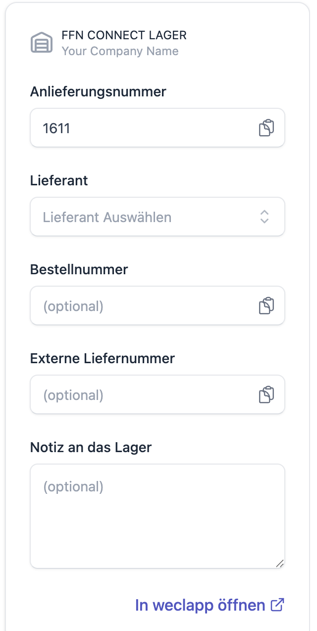 FFN Connect: Kopfdaten einer Anlieferung mit Lager, Anlieferungsnummer, Lieferant, Bestellnummer und dem Link „In weclapp öffnen"