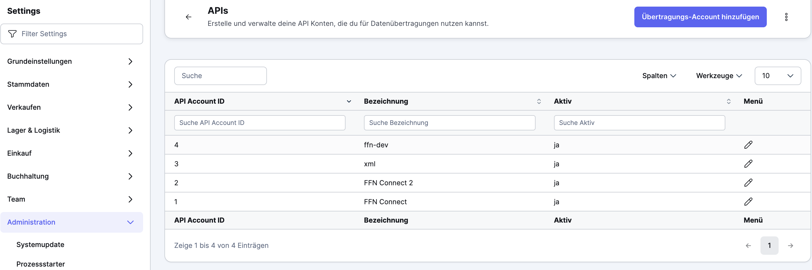 Xentral: Übersicht „Einstellungen / Administration / Datenaustausch / APIs" mit der Liste bestehender API-Konten und der Schaltfläche „Übertragungs-Account hinzufügen"