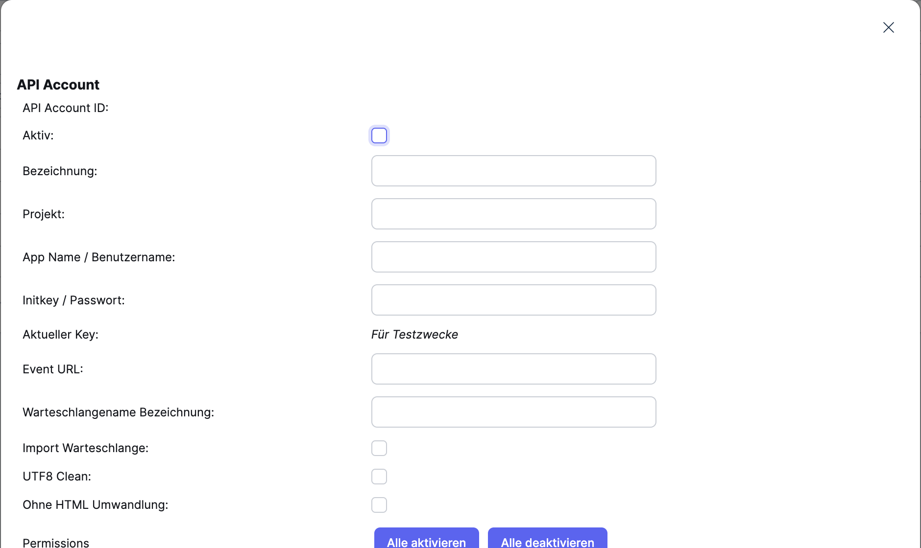 Xentral-Maske „API Account" mit den Feldern Aktiv, Bezeichnung, Projekt, App Name / Benutzername und Initkey / Passwort