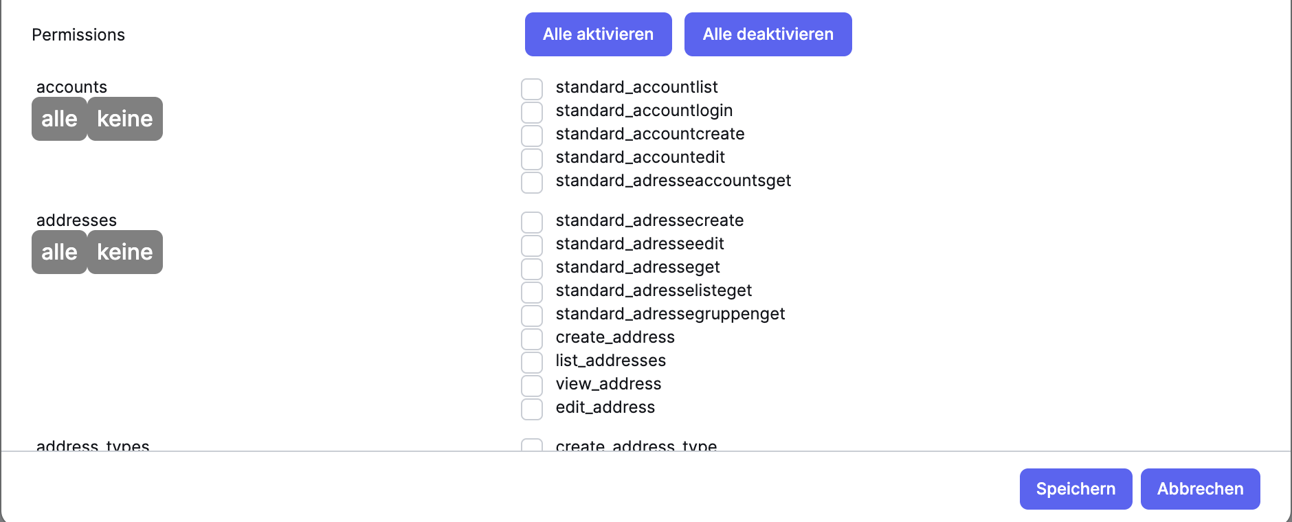 Xentral: Bereich „Permissions" eines API-Accounts mit der Schaltfläche „Alle aktivieren"