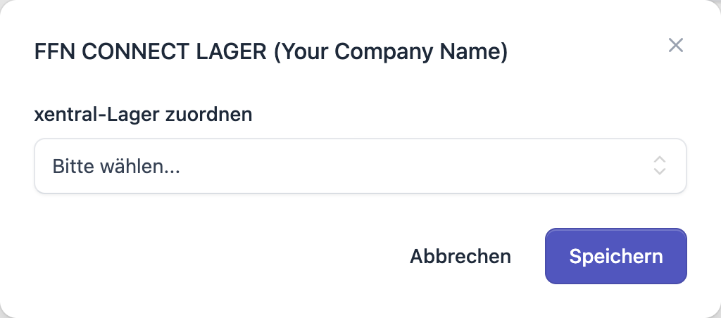 FFN Connect: Dialog „xentral-Lager zuordnen" mit Auswahlfeld für das Xentral-Lager