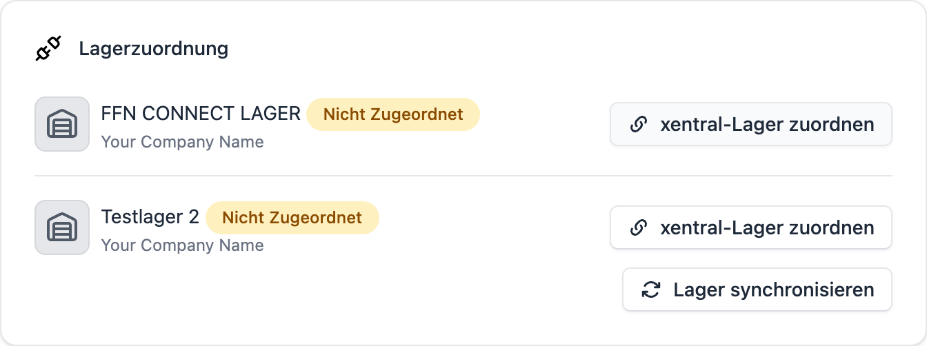 FFN Connect: Bereich „Lagerzuordnung" mit den Lagern des Fulfillers und der Schaltfläche „xentral-Lager zuordnen"